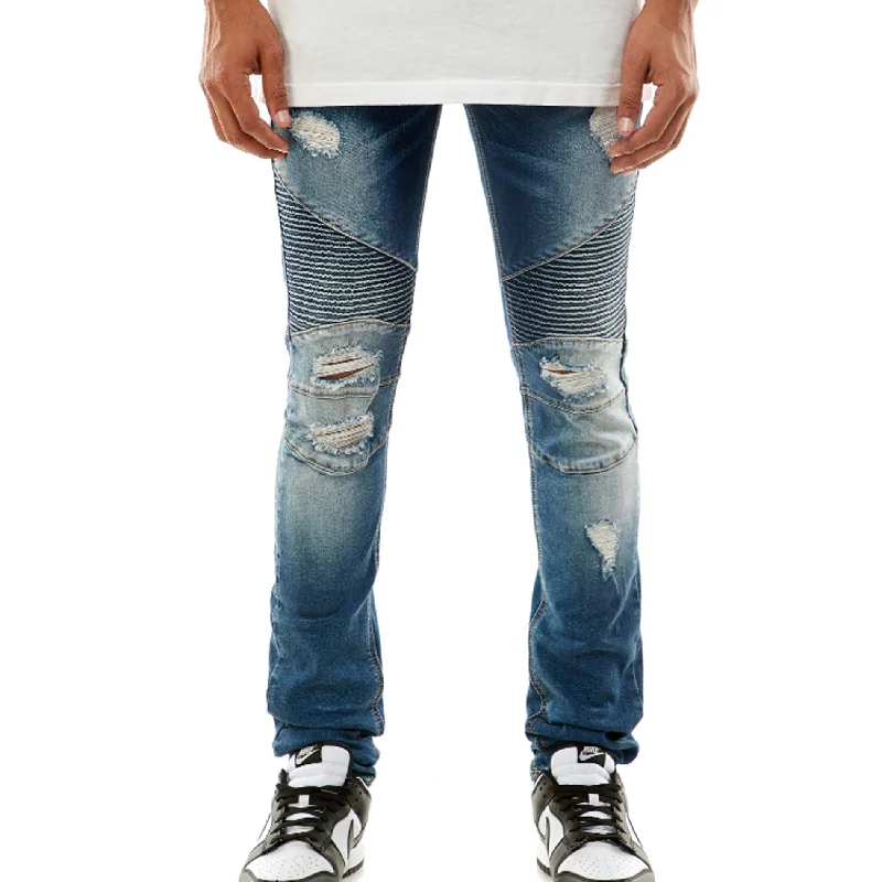 KDNK Destroyed Moto Denim Pant (Dark Medium Blue) Artistic Men's Hand