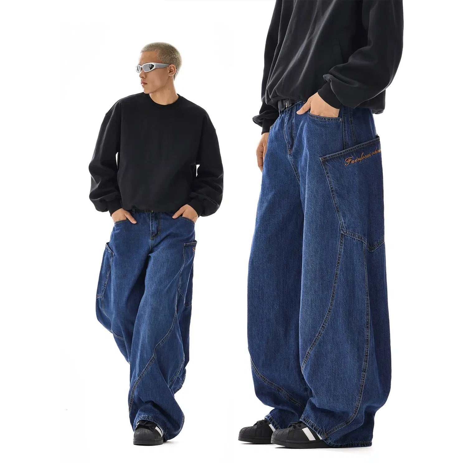 Wide-Leg Denim Pants with Cargo Pockets Business