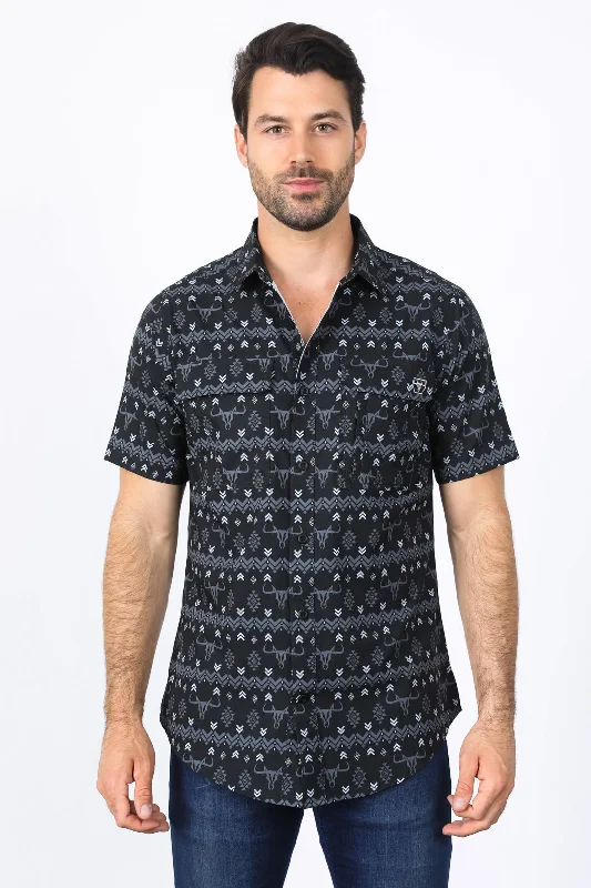 Mens Performance Classic Fit Western Black Short Sleeve Aztec Print Shirt Cool Men's Skate