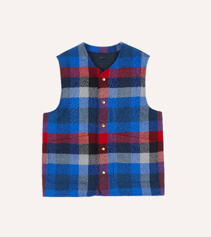 Blue Check Wool Snap Vest Elegant Men's Cashmere