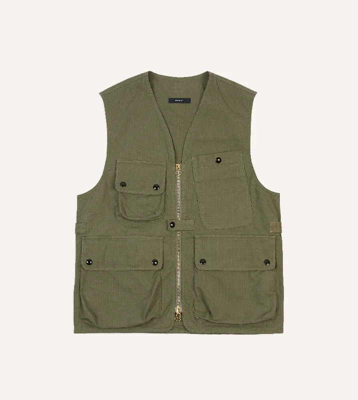 Olive Ripstop Cotton Fishing Vest Laid