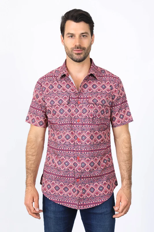 Mens Performance Classic Fit Western Short Sleeve Aztec Print Salmon Shirt Dynamic Men's High