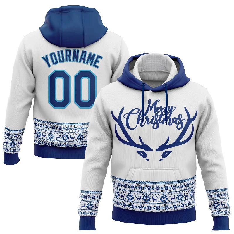 Custom Stitched White US Navy Blue-Sky Blue Christmas 3D Sports Pullover Sweatshirt Hoodie Gym