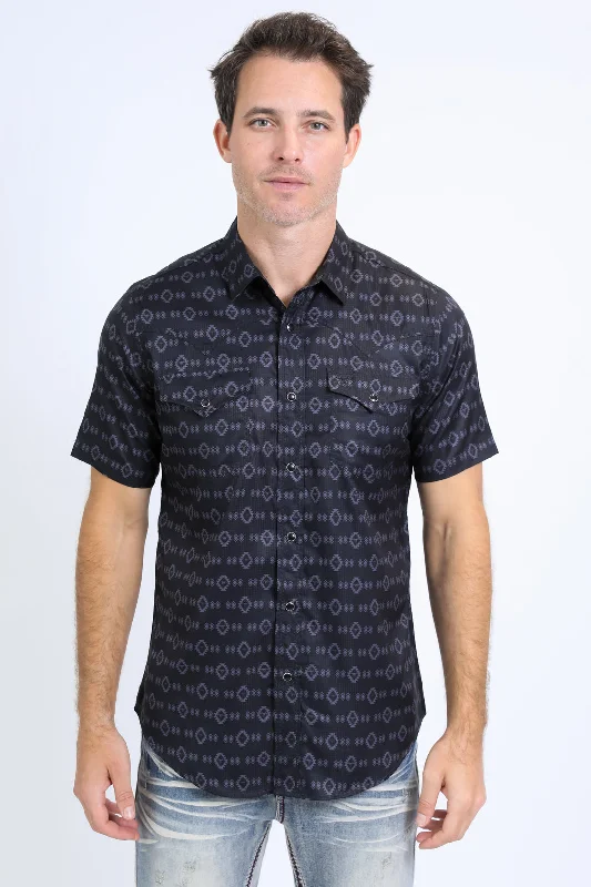 Mens Performance Western Short Sleeve Aztec Print Black Shirt Refined Men's Classic 