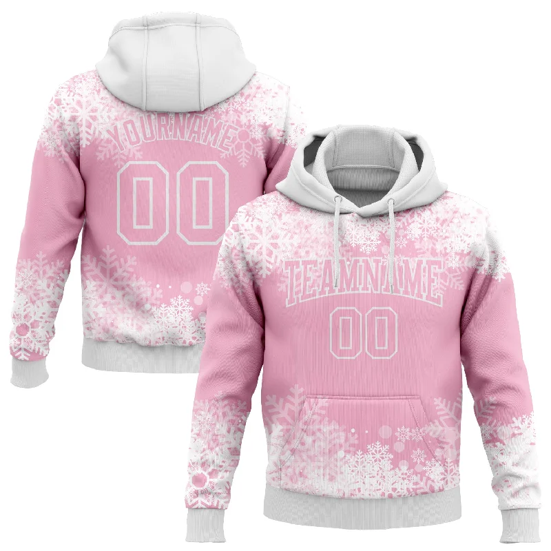 Custom Stitched Light Pink White Christmas Snowflakes 3D Sports Pullover Sweatshirt Hoodie Refined Men's Velvet