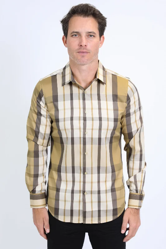 Mens Checkered Long Sleeve Beige Shirt Casual Men's Japanese 