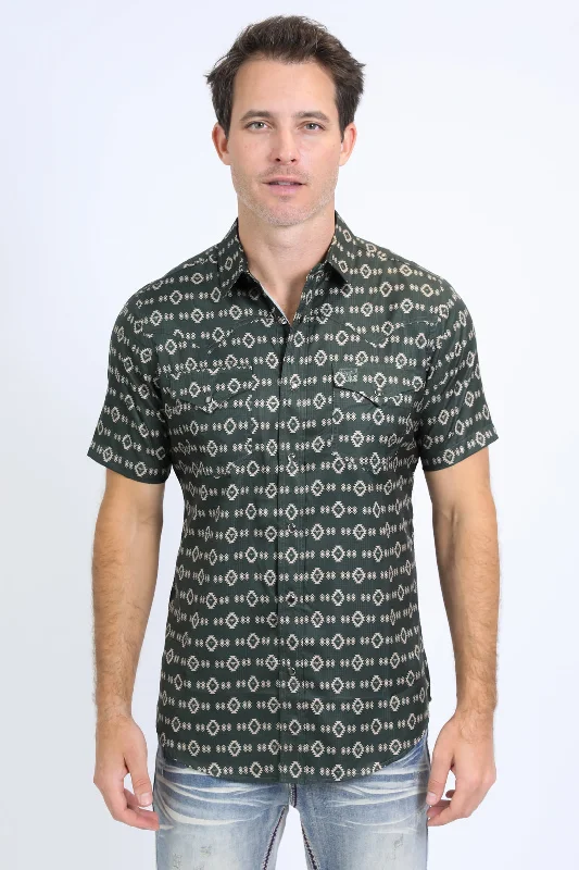 Mens Performance Western Short Sleeve Aztec Print Green Shirt Dapper Men's Bow