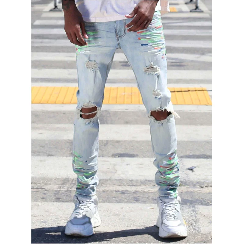 KDNK Painted Ripped Denim Jean (Light Blue) Luxurious Men's High