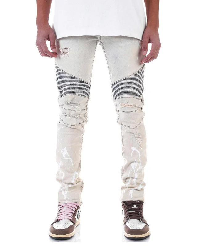 KDNK Spot Painted Brush Moto Denim Pant (Ice Blue) Vacation