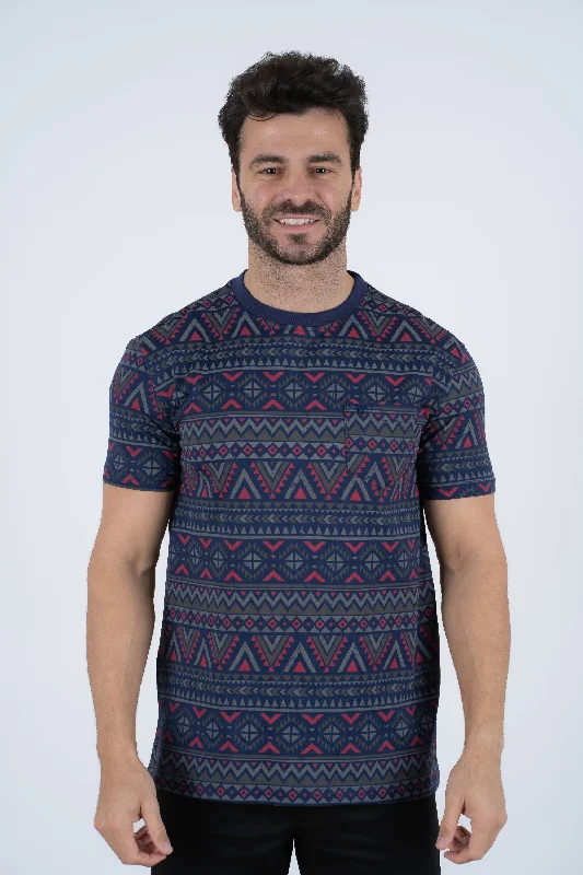 Men's Cotton Navy Aztec Print T-shirt Modern Men's Geometric