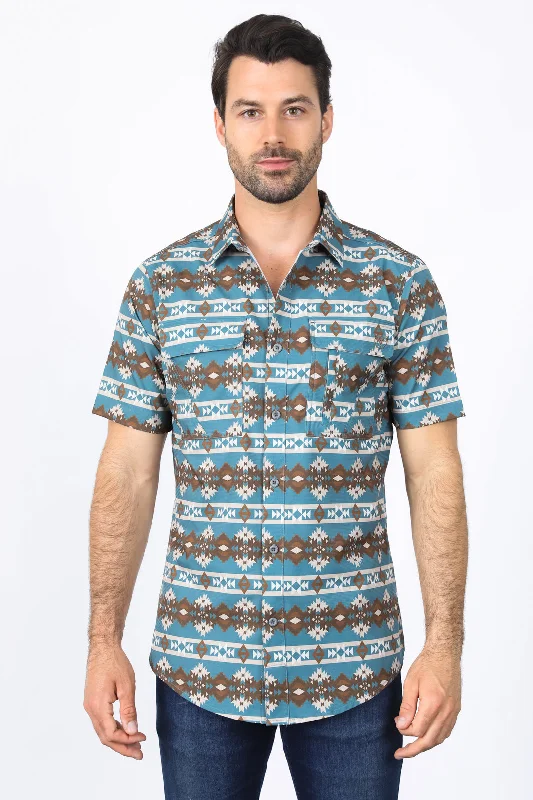 Mens Performance Classic Fit Western Short Sleeve Aztec Print Teal Shirt Sharp Men's Italian