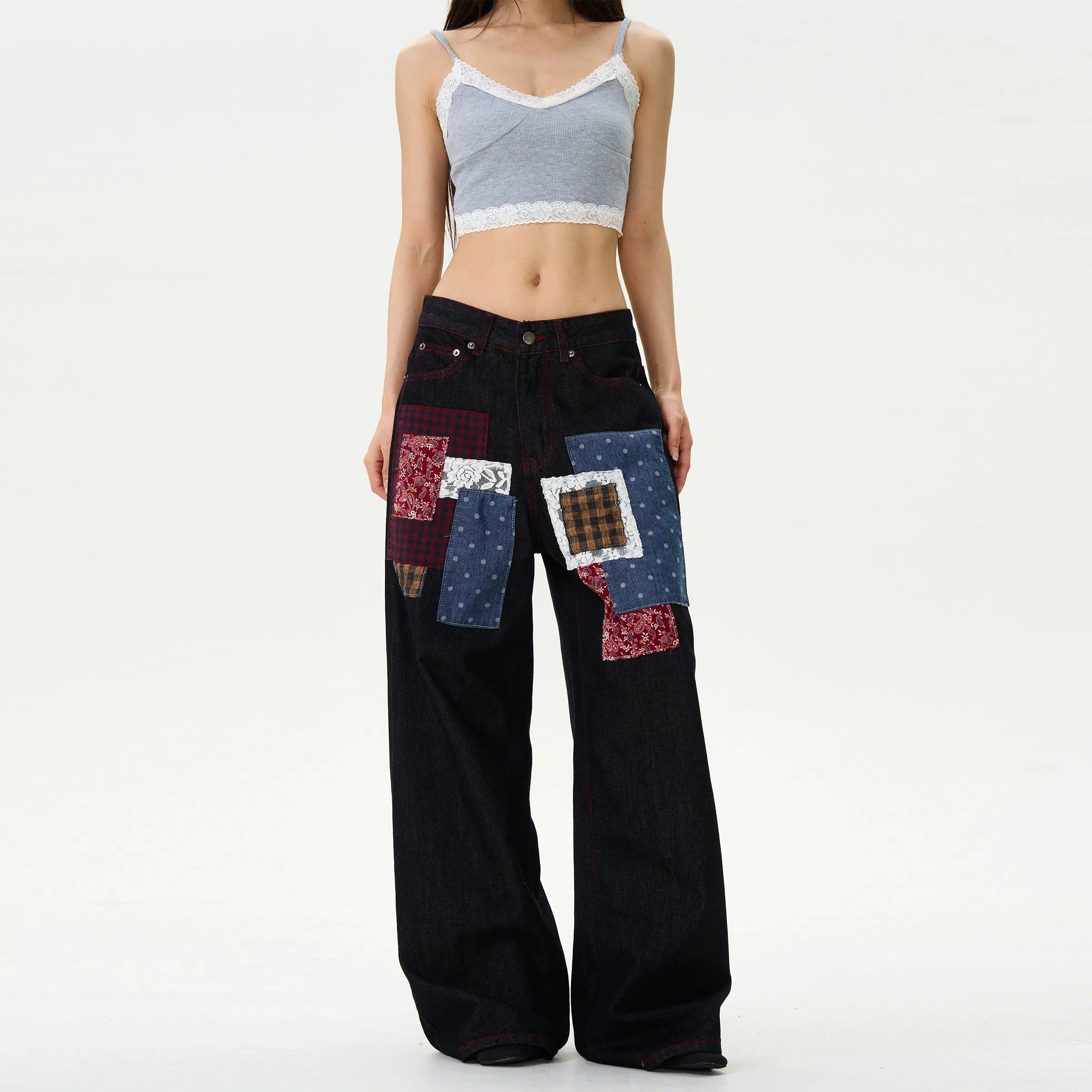 Wide-Leg Patchwork Denim Pants Cool Men's Skate