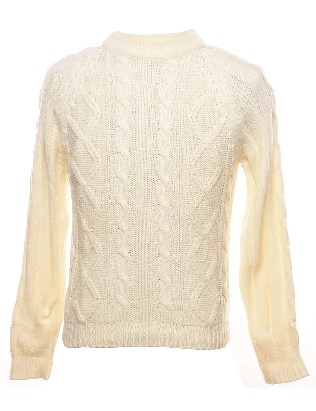 Cable Knit Off White Jumper - M Casual Men's Loose