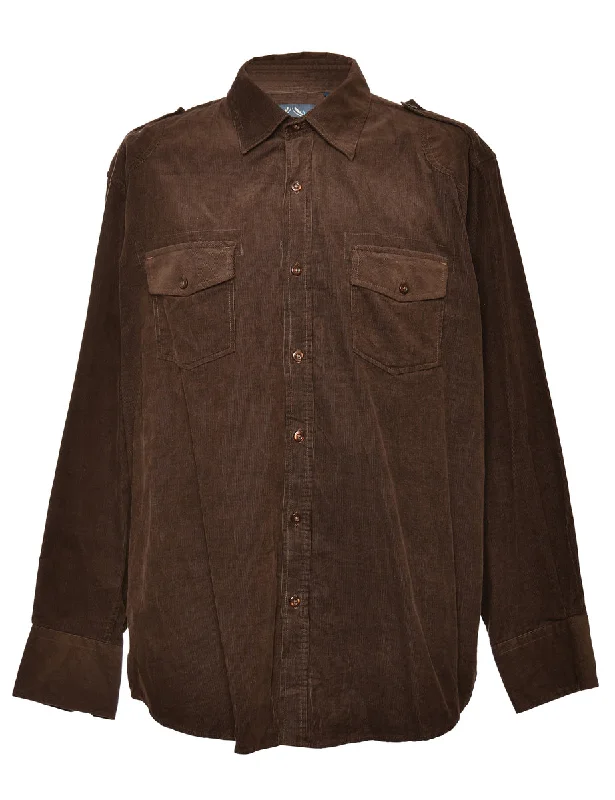 Corduroy Dark Brown Classic Shirt - L Vintage Men's 1970S Disco