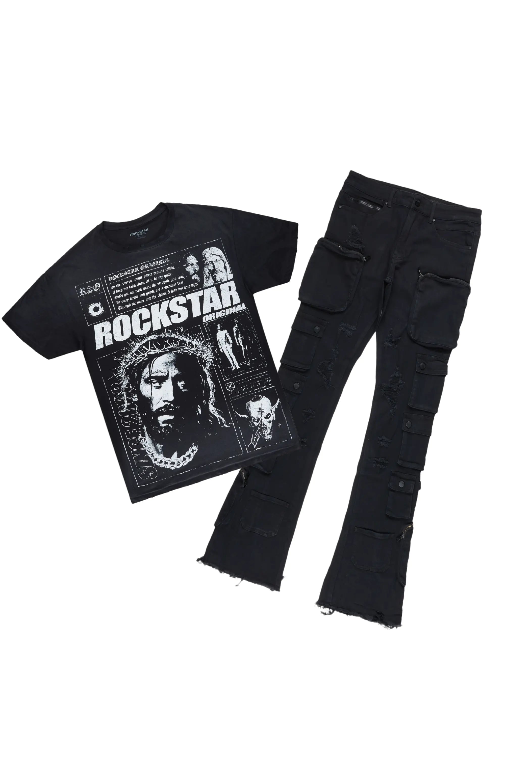 Raith Black T-Shirt & Konrad Stacked Cargo Flare Jean Bundle Streetwear Style