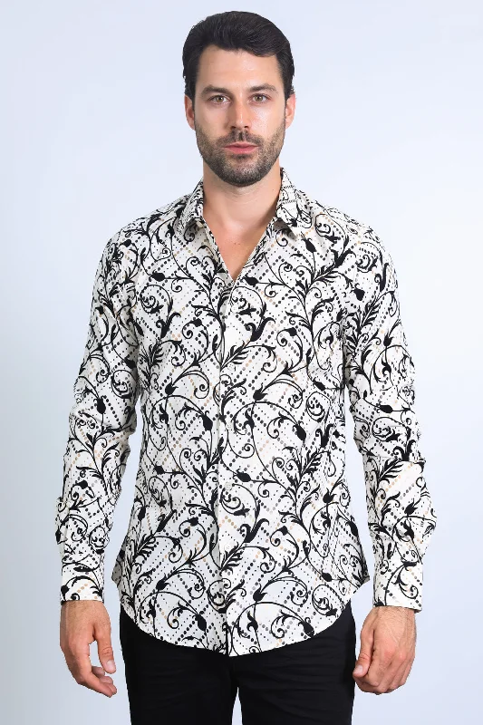 Men's Floral Flocked Modern Fit Spandex Beige Shirt Monochromatic Office Style