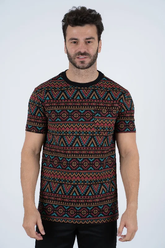 Men's Cotton Black Aztec Print T-shirt Unique Men's Patch