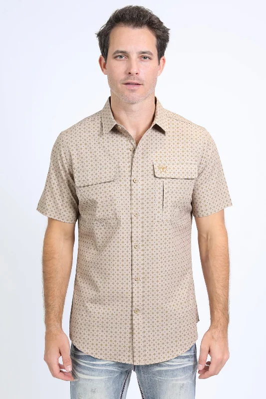 Mens Performance Western Short Sleeve Aztec Print Beige Shirt Confident Men's Power