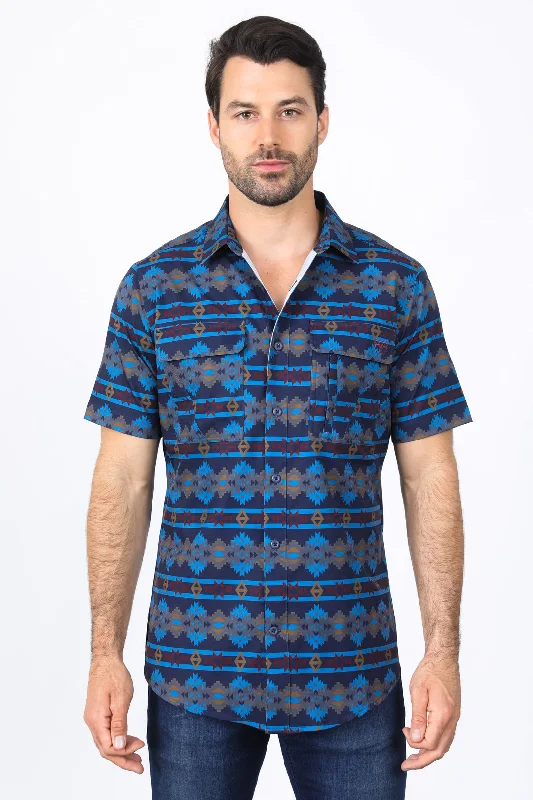 Mens Performance Classic Fit Western Short Sleeve Aztec Print Navy Shirt British Gentleman Style