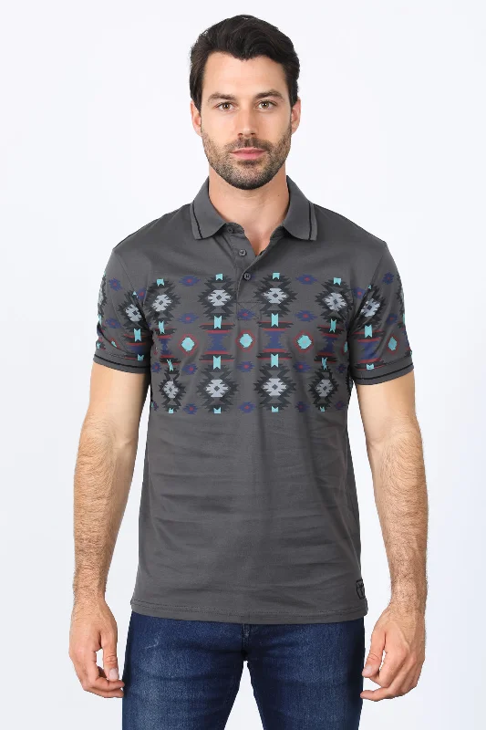 Mens Modern Fit Stretch Cotton Aztec Panoramic Print Polo Stylish Men's Neon