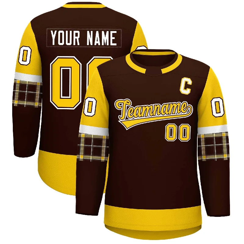 Custom Brown Gold Personalized Raglan Sleeves Round-Neck Hockey Jersey Hip Men's Urban