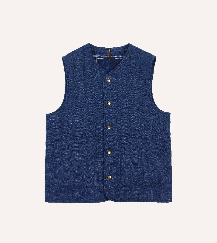 Blue Linen Quilted Snap Vest Refined Men's Classic 