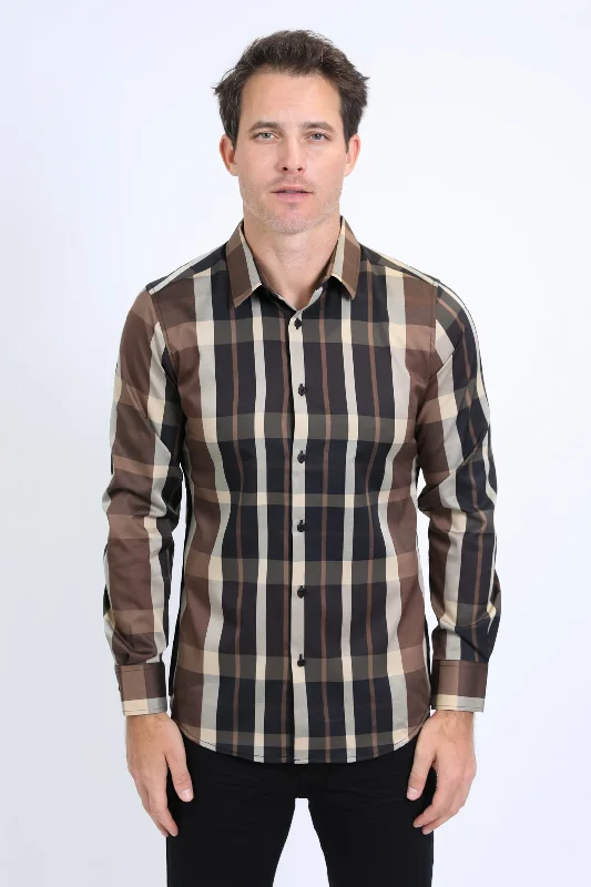 Mens Checkered Long Sleeve Black/Brown Shirt Monochromatic Office Style