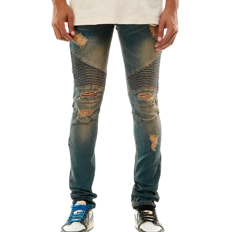 KDNK Destroyed Moto Denim Pant (Tinted Dark Blue) Trendy Men's Bucket