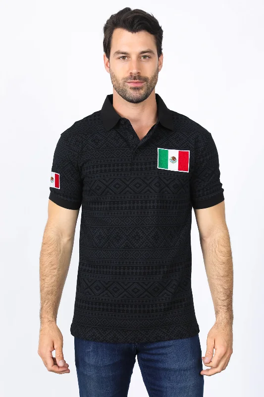 Mens Modern Fit Stretch MEXICO Cotton Polo with Aztec Print Monochromatic All