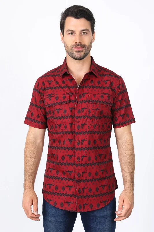 Mens Performance Classic Fit Western Red Short Sleeve Aztec Print Shirt Rugged Men's Outdoor 