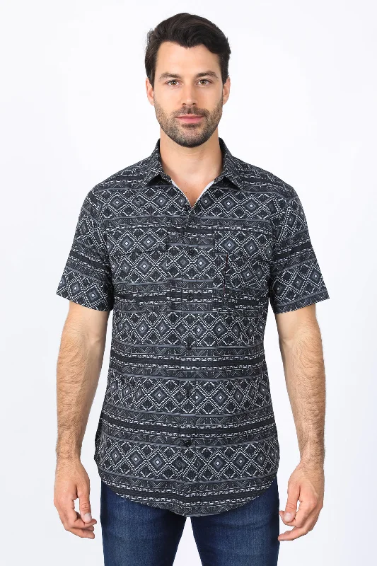 Mens Performance Classic Fit Western Short Sleeve Aztec Print Black Shirt Adventure