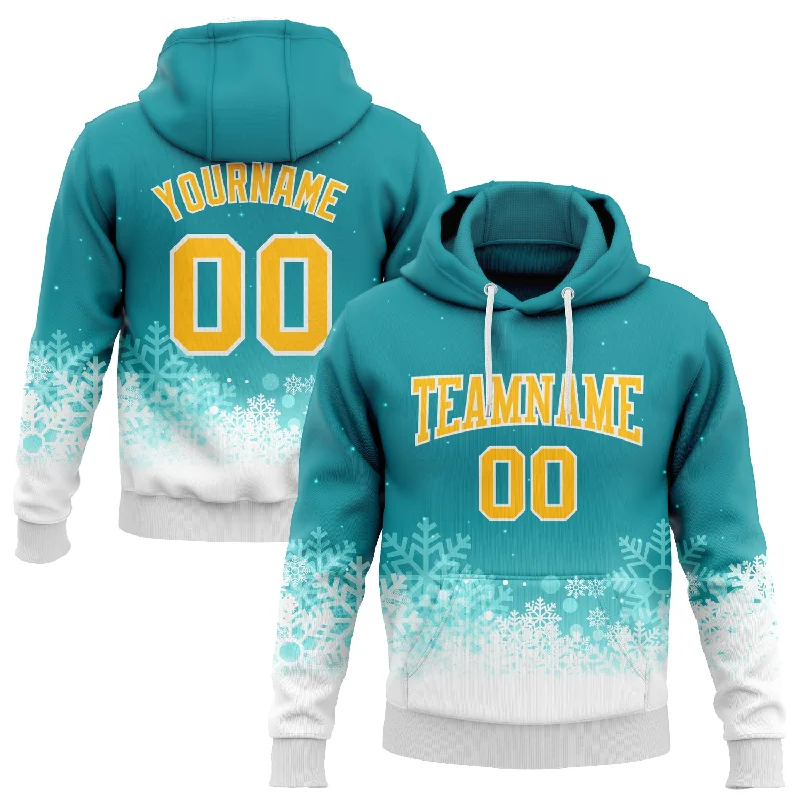 Custom Stitched Teal Gold-White Christmas Snowflakes 3D Sports Pullover Sweatshirt Hoodie Tough Men's Military