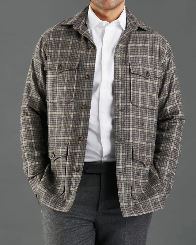 Loro Piana Brown and Grey Overchecks Shirt Jacket Luxurious Men's High