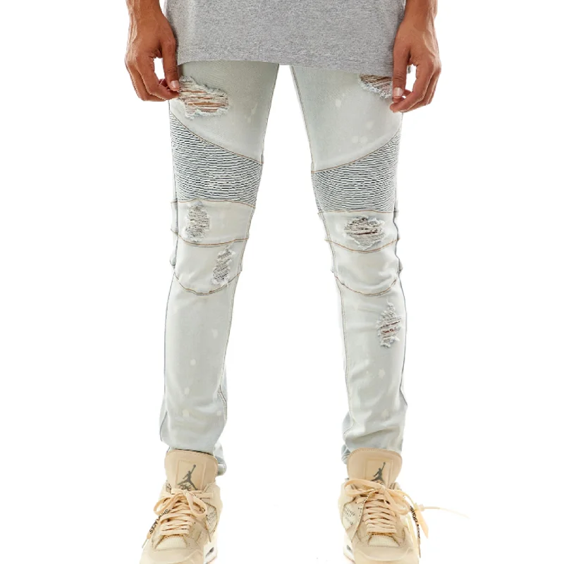 KDNK Spot Painted Brush Moto Denim Pant (Bleached Light Blue) Relaxed Men's Beach