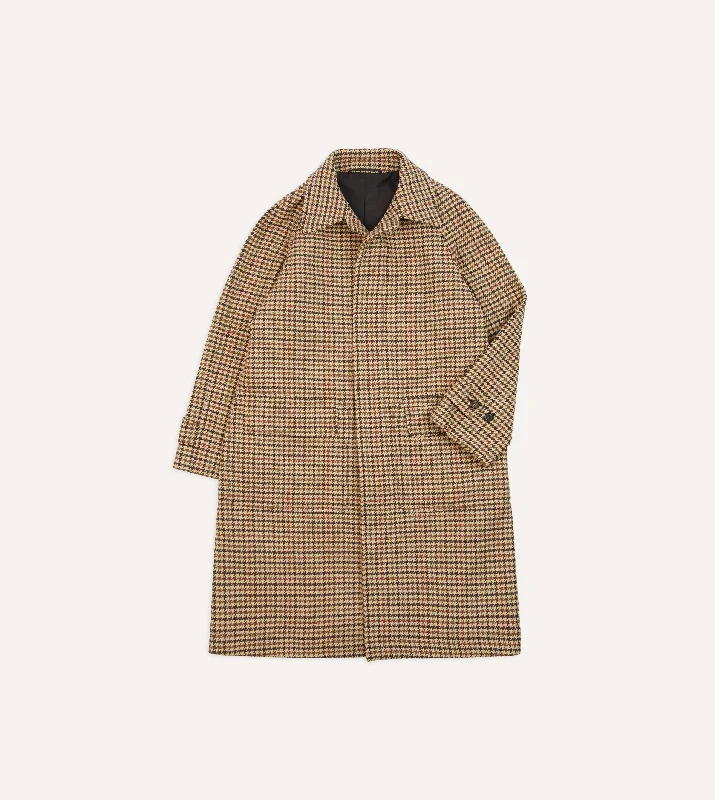 Brown Houndstooth Check Wool Raglan Coat Luxurious Men's High