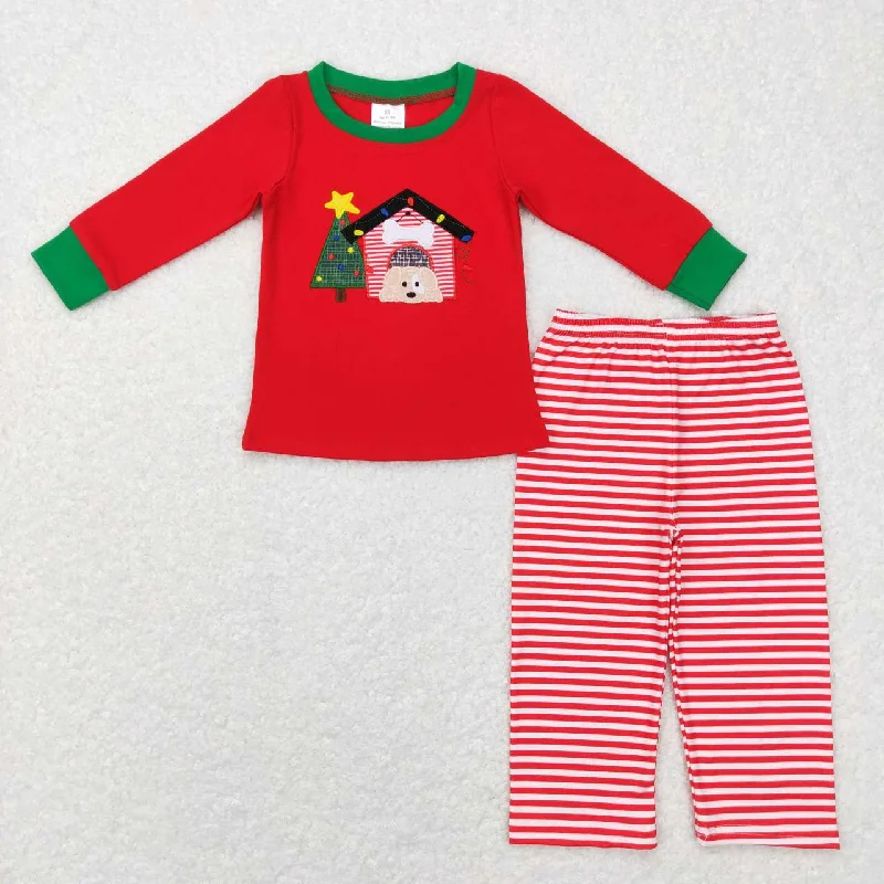 BLP0331 Christmas Red Green Tree Dog Embroidery Boys Long Sleeve Pants Outfits Pajamas Gym