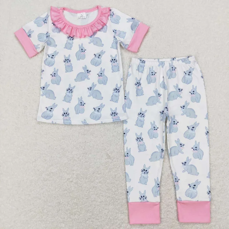 GSPO1095  Pink Easter Rabbit Girls Short Sleeve Bell Bottom Pants Outfits pajamas Gym