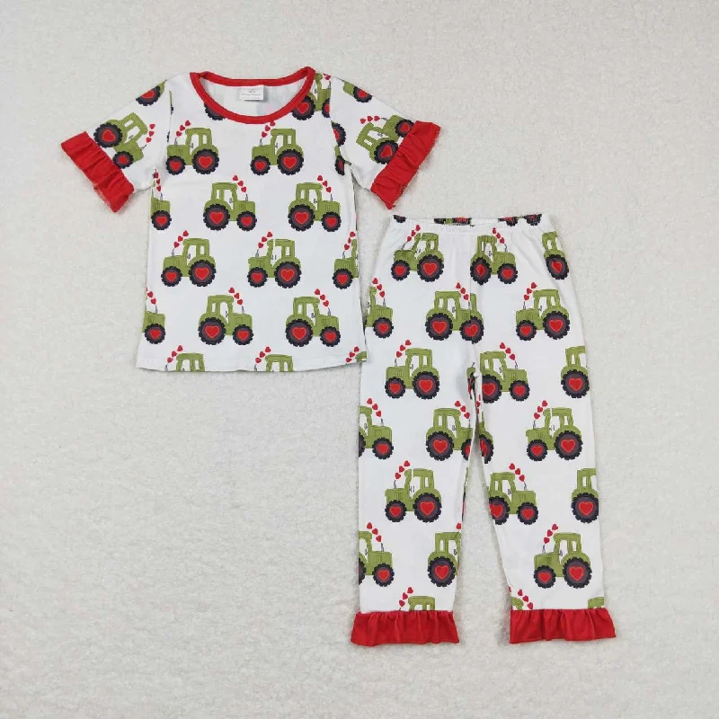 GSPO0978 Valentine Love Red Green Truck Farm Girls Short Sleeve Bell Bottom Pants Outfits Pajamas Sleek Men's Contemporary 