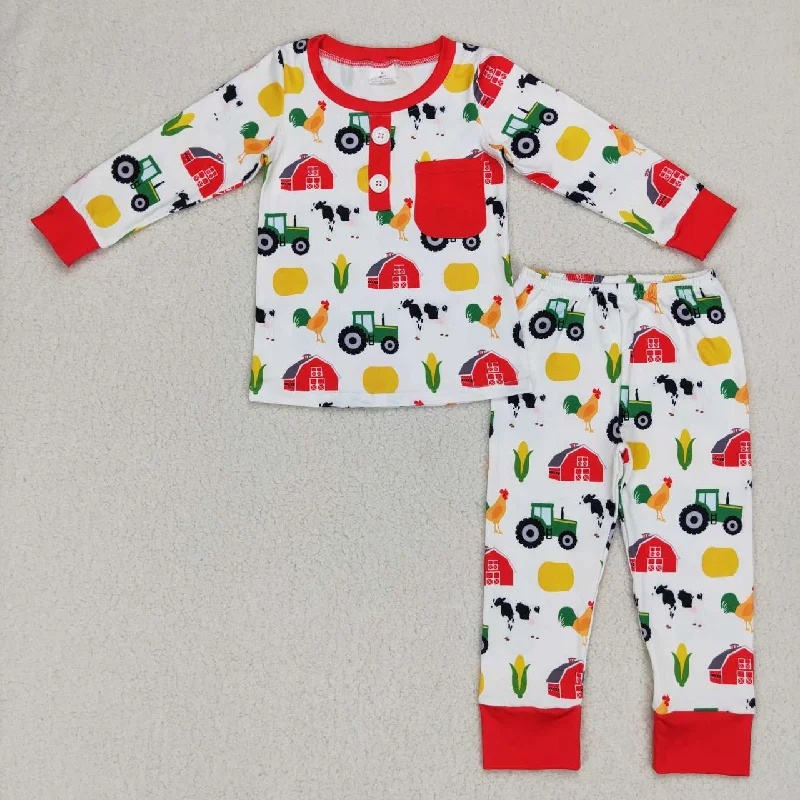 BLP0340 Christmas Red Green Truck Cow Pig Boys Long Sleeve Pants Outfits Pajamas Casual Men's Japanese 