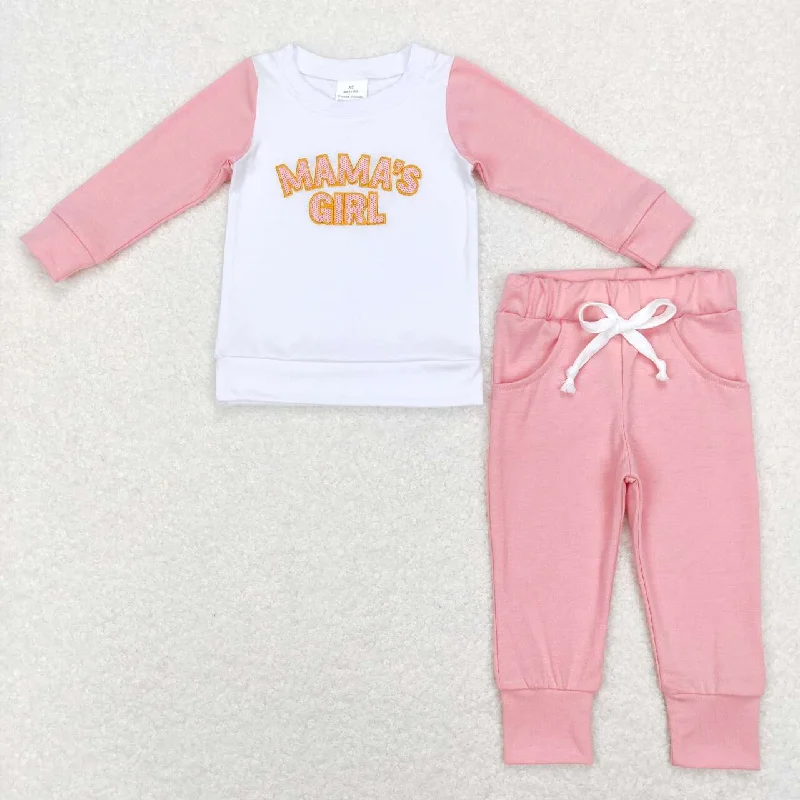 GLP1075 Pink Mama's Girl Embroidery  Girls Long Sleeve Pants Outfits Pajamas Classic Men's Pin