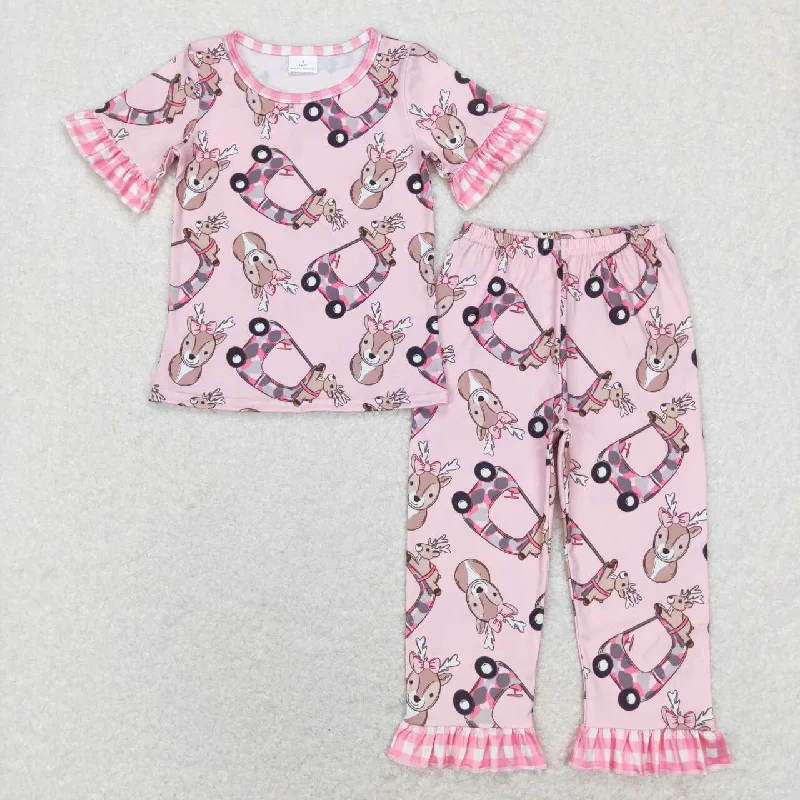 GSPO1100 Pink Deer Cartoon Girls Short Sleeve Bell Bottom Pants Outfits Pajamas Traditional Men's Wool