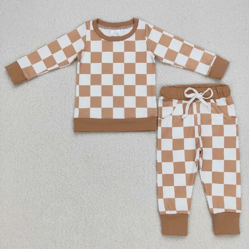 promotion BLP0270  Brown  Plaid  Boys Long Sleeve Pants Outfits Pajamas Cool Men's Skate