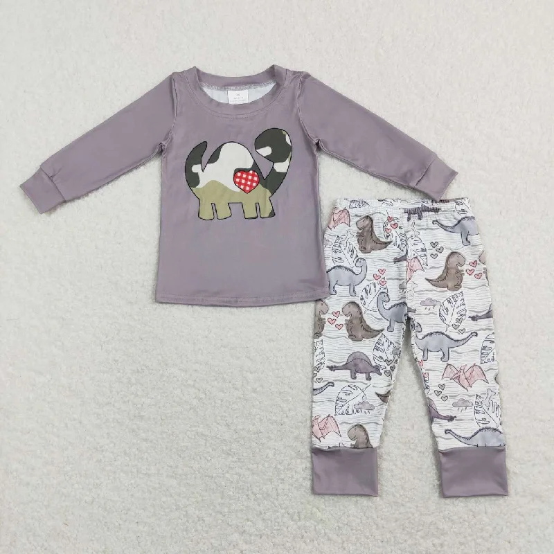 BLP0430 Valentine Grey Dinosaur  Boys Long Sleeve Pants Outfits Pajamas Streetwear Style