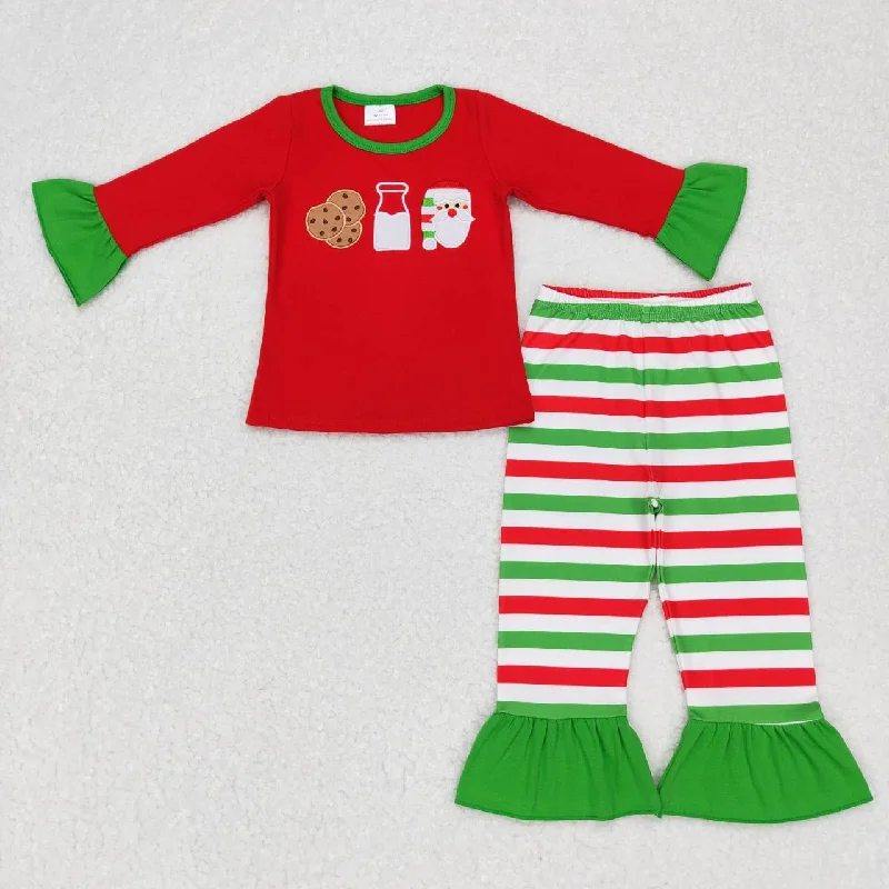 GLP0726 Christmas Red Green Santa Milk Cookes Embroidery Tunic Girls Long Sleeve Pants Outfits Pajamas Edgy Men's Punk