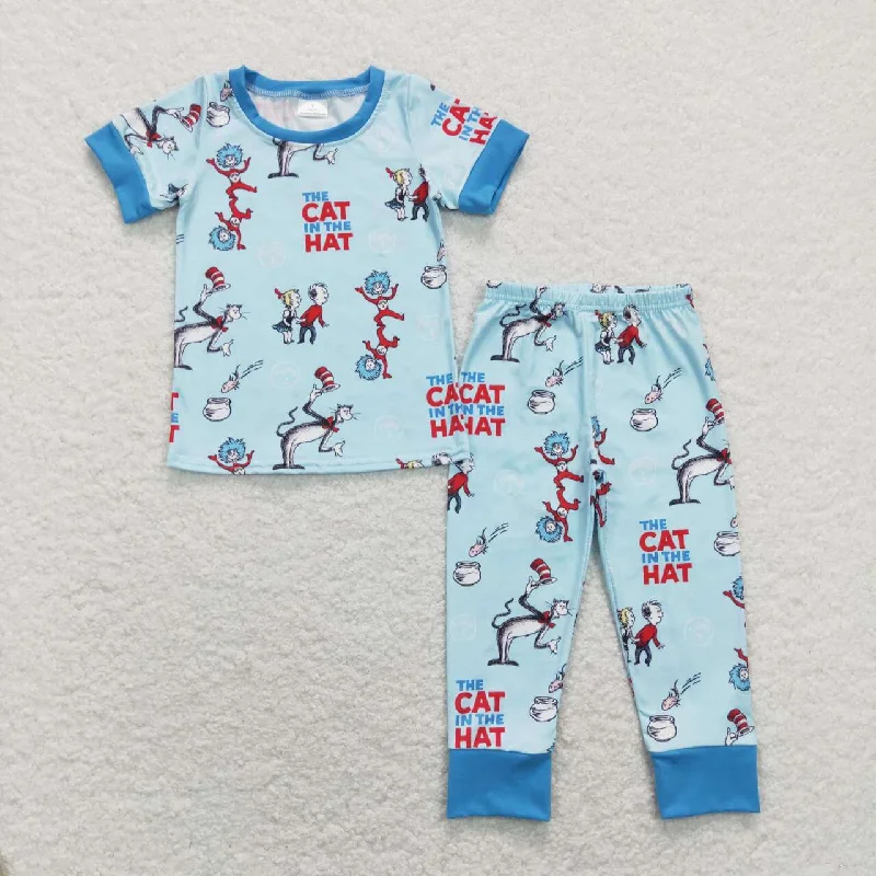 BSPO0185 Blue Dr Cartoon  Boys Short Sleeve Bell Bottom Pants Outfits Pajamas Artistic Men's Avant