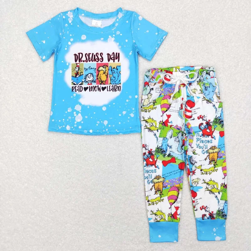 BSPO0241 christmas blue cat hat Dr cartoon  Boys Short Sleeve Pants Outfits Pajamas Polished Men's Satin