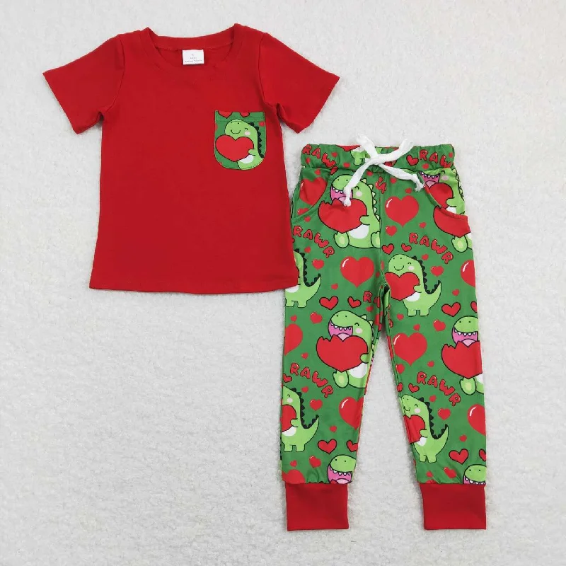 BSPO0229  Valentine Love Red Green Dinosaur Boys Short Sleeve Bell Bottom Pants Outfits Pajamas Dynamic Men's Moto