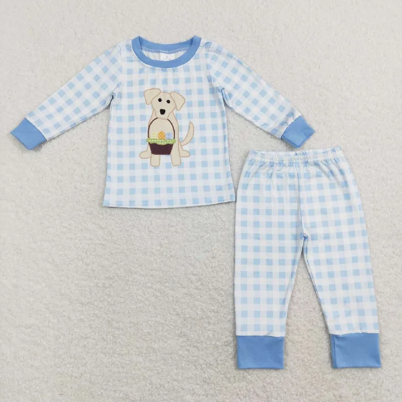 BLP0432 Easter Dog Egg Blue  Embroidery Boys Long Sleeve Pants Outfits Pajamas Refined Men's Classic 