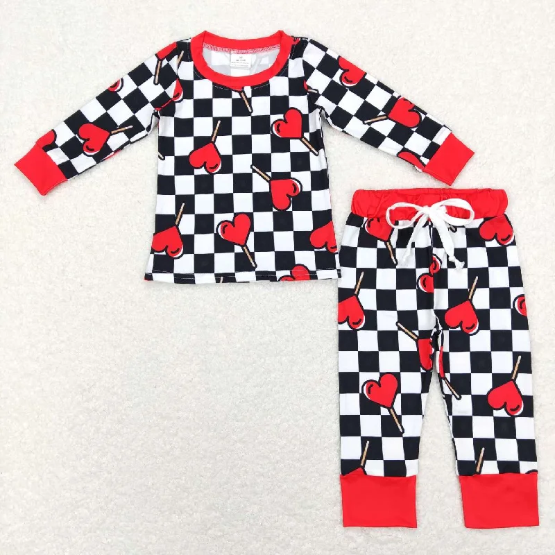 BLP0443 Valentine Love Red Plaid Boys Long Sleeve Pants Outfits Pajamas Dapper Men's Bow