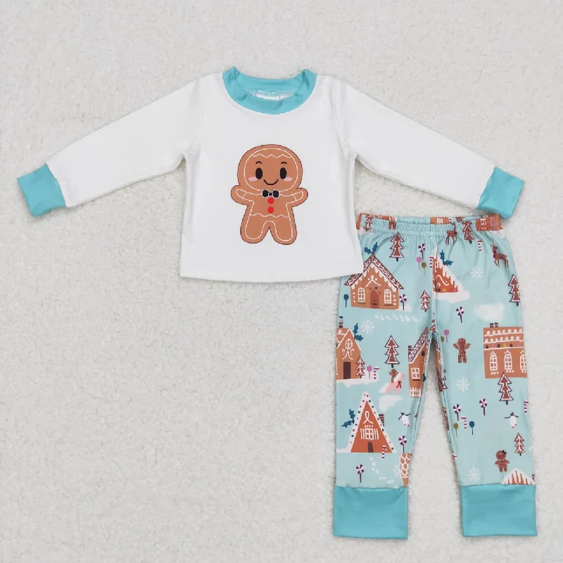 BLP0346 Christmas Blue Gingerbread Cartoon Boys Long Sleeve Pants Outfits Pajamas Earthy Men's Hemp